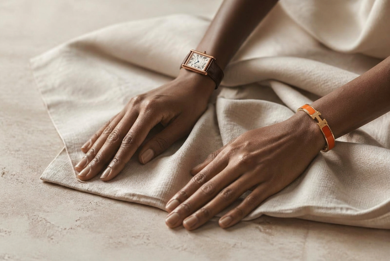 Hands of a Black woman resting on ivory linen, wearing a rectangular rose-gold watch and an orange enamel H bracelet