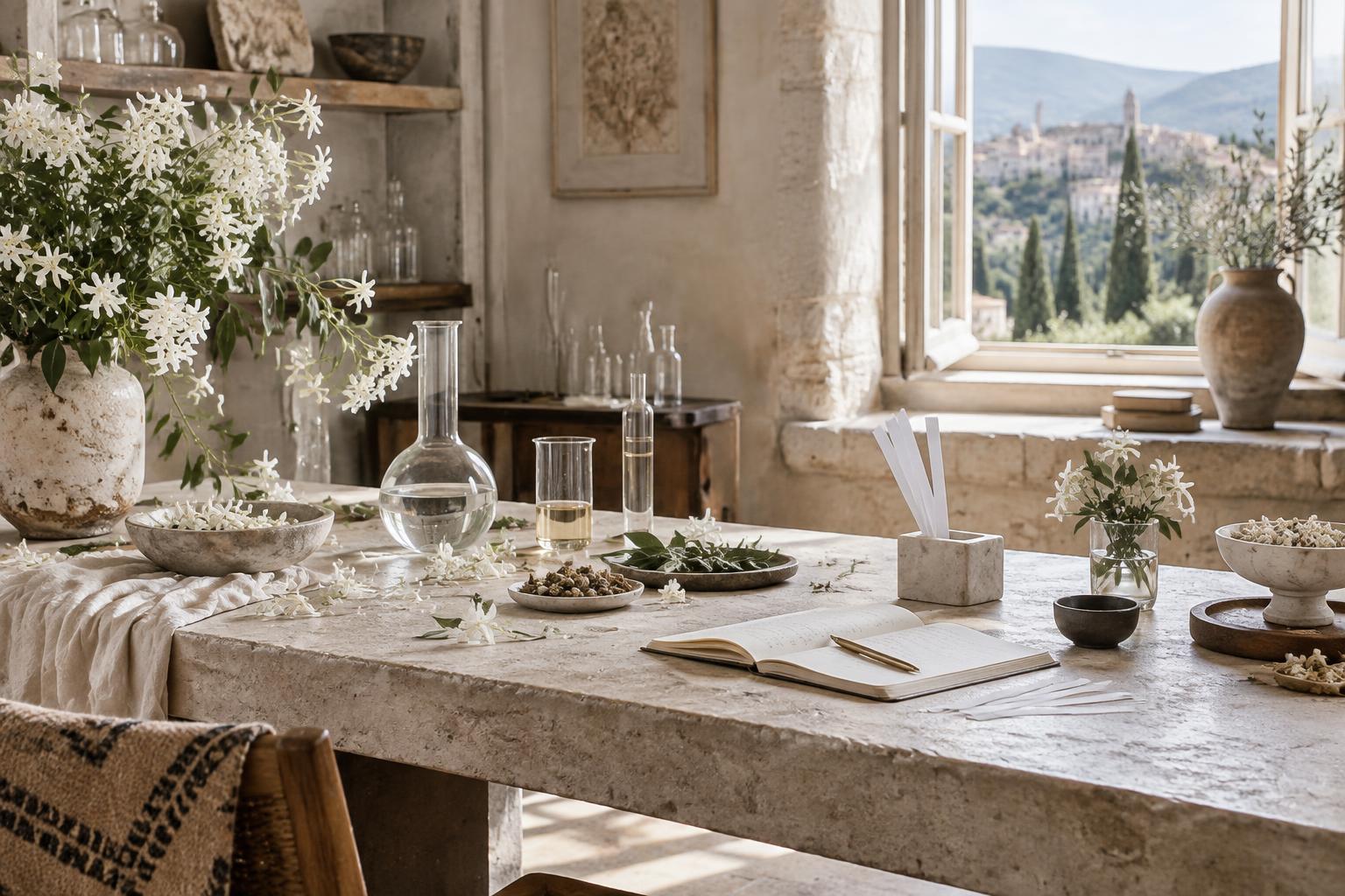 A quiet composition atelier in Grasse with jasmine, glass vessels and a notebook in natural light
