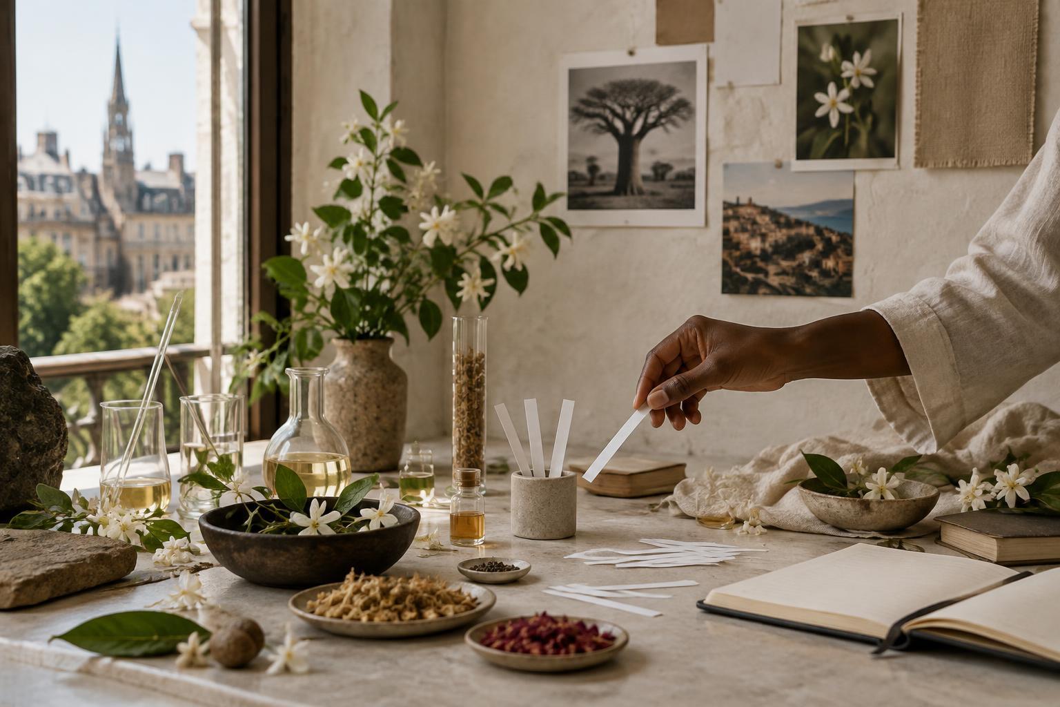 A Black woman's hand arranging scent blotters among jasmine and natural materials in a Brussels atelier